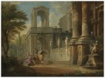 INI (PIACENZA 1691 - 1765 ROME)_ AN ARCHITECTURAL CAPRICCIO WITH TWO SOLDIERS ADDRESSING A YOUNG MAN, FIGURES ON A BALCONY BEYOND_ Oil on canvas_73 by 98 cm