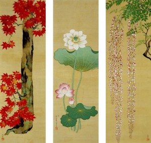 Wistaria-Lotus-and-Maple-Tree-by-Sakai-Hoitsu-620x590