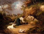 posterlux-george_morland_1763_1804-morland_george_two_men_hunting_rabbits_with_their_dog_a_village_beyond